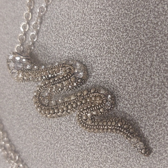 Silvertone Clear Rhinestone Snake Pendant Long Necklace - Picture 11 of 17